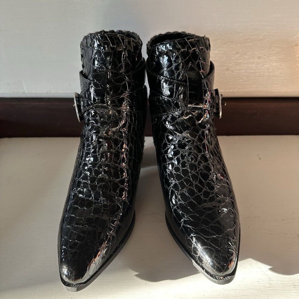 Vintage Dingo Ankle Boots 7.5 Black Leather Heeled Western Buckle Strap Retro - Picture 2 of 8